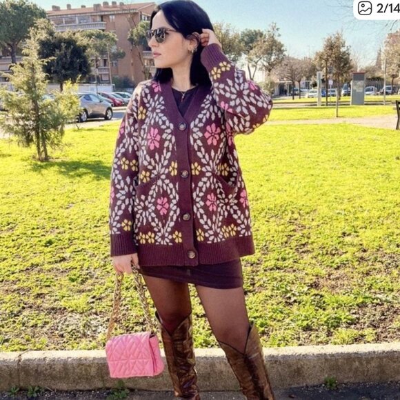 ZARA Oversized Chunky Floral Knit Cardigan Sweater Brown Pink Yellow Size M - Picture 6 of 16